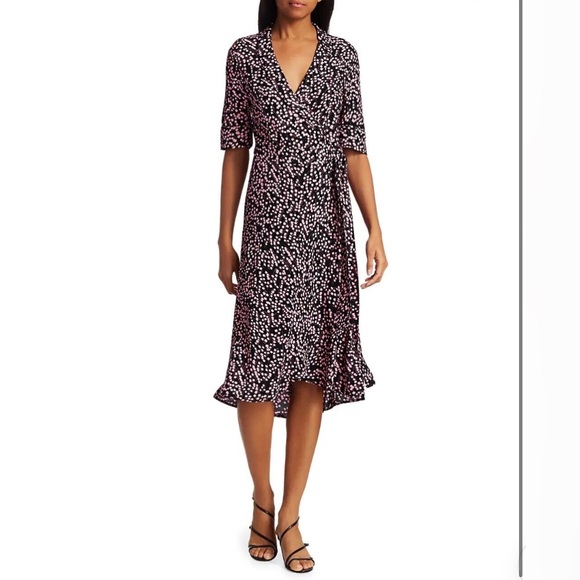 GANNI black and pink floral wrap midi dress one size fits all - Picture 2 of 11